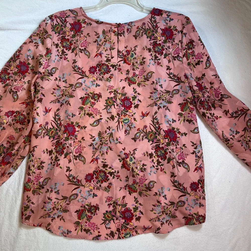 Loft Pink Floral Paisley Jacquard Long Sleeve Blouse Top Size Medium
